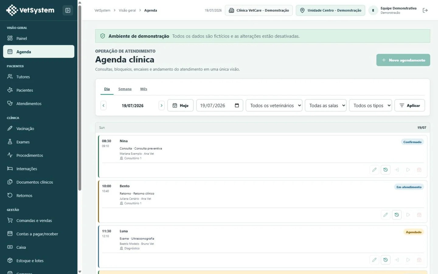 Tela demonstrativa do VetSystem: Agenda