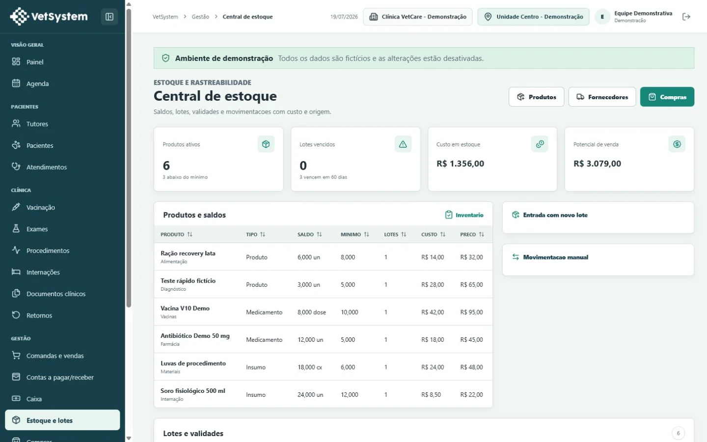 Tela demonstrativa do VetSystem: Estoque