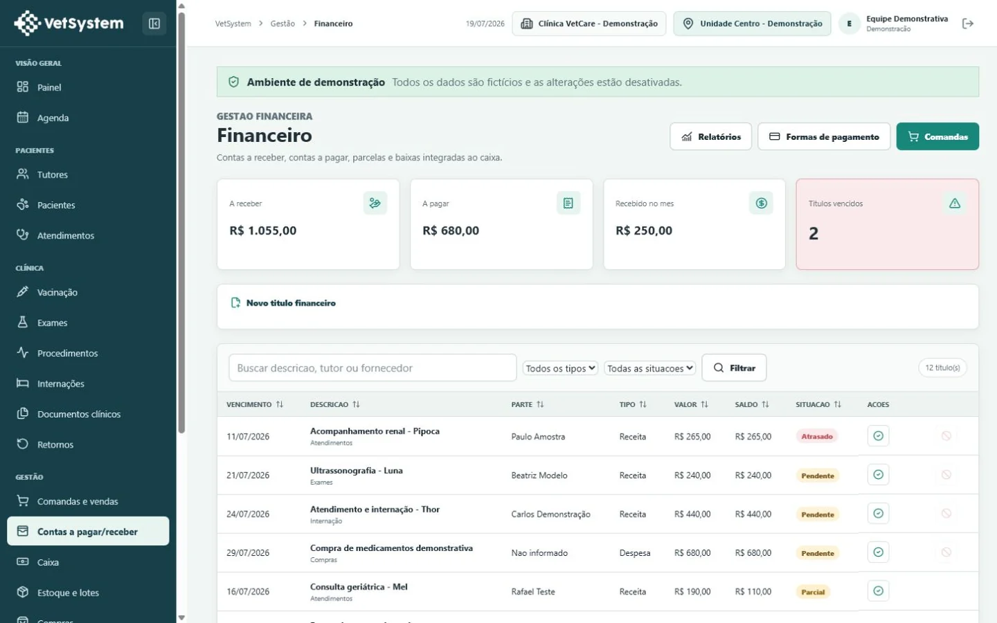 Tela demonstrativa do VetSystem: Financeiro